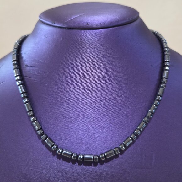Natural Hematite Gemstone Beaded Unisex Gunmetal Silver Gray Stone Necklace - Picture 8 of 9
